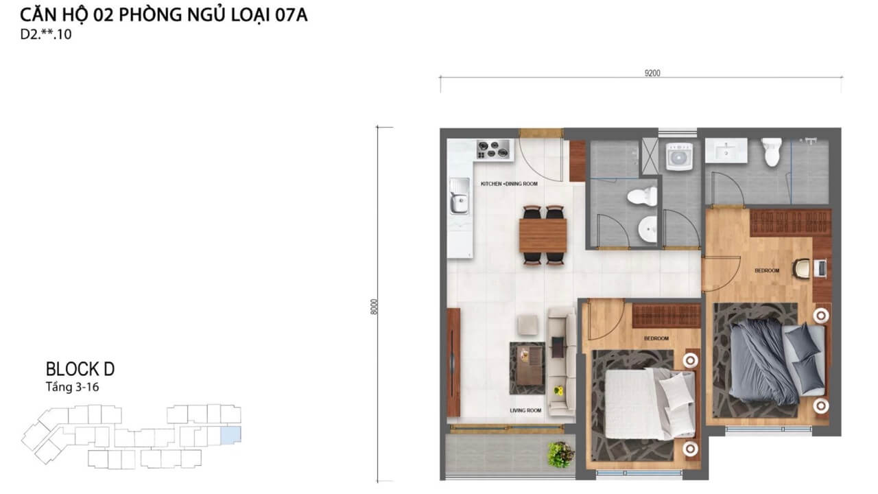 Bảng vẽ thiết kế căn hộ 2PN 